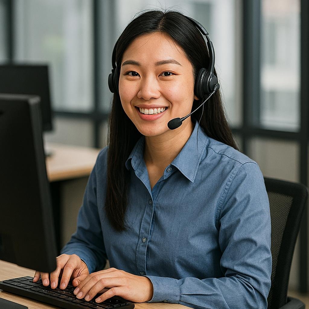Asian call center agent sitting at desk with heads